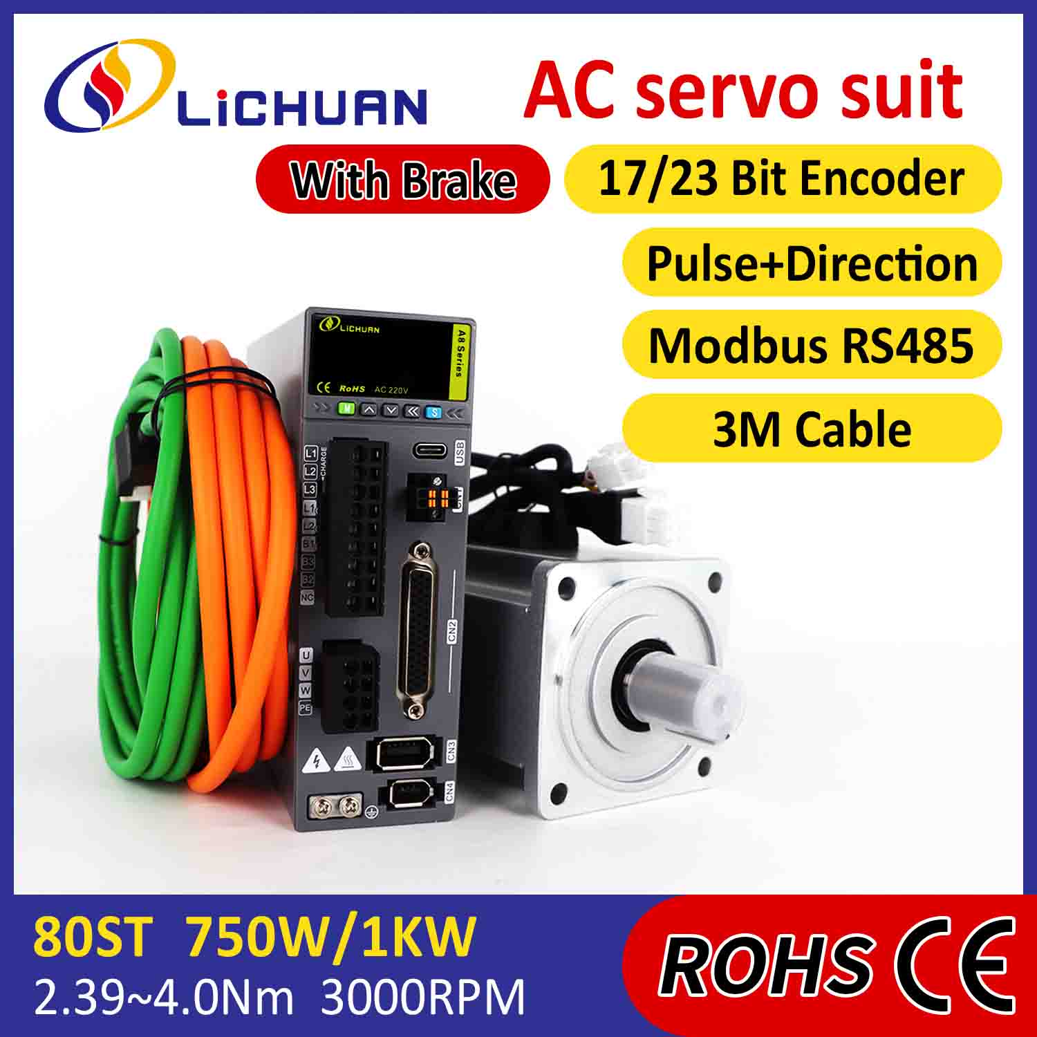 Lichuan AC سروو موٹر ڈرائیور کٹ A8 اعلی درستگی STO ABZ 1000W 1KW 3.2N.m 220V 5.8A 2500/3000RPM IP65
