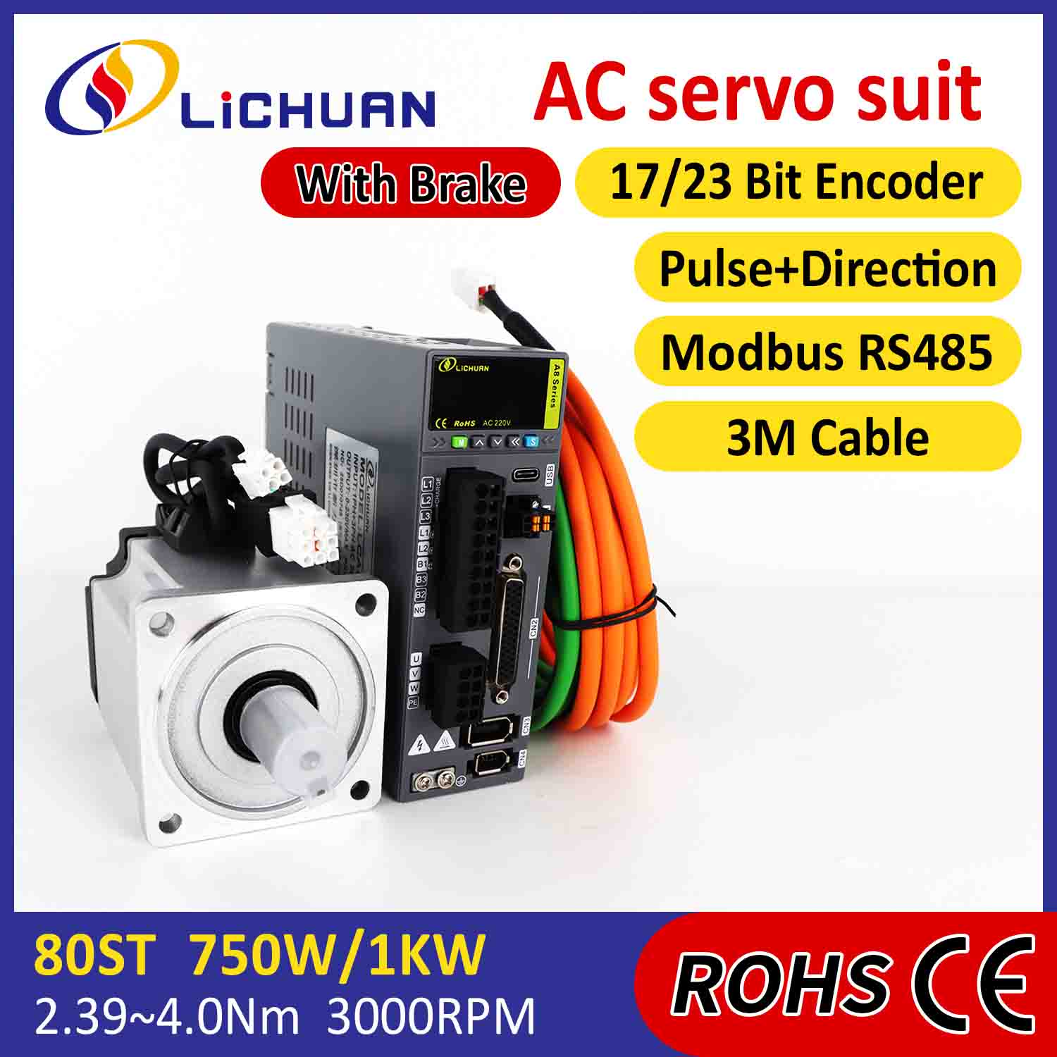Lichuan AC سروو موٹر ڈرائیور کٹ A8 اعلی درستگی STO ABZ 1001W 1KW 4.0N.m 220V 4.6A 2500/3000RPM IP65