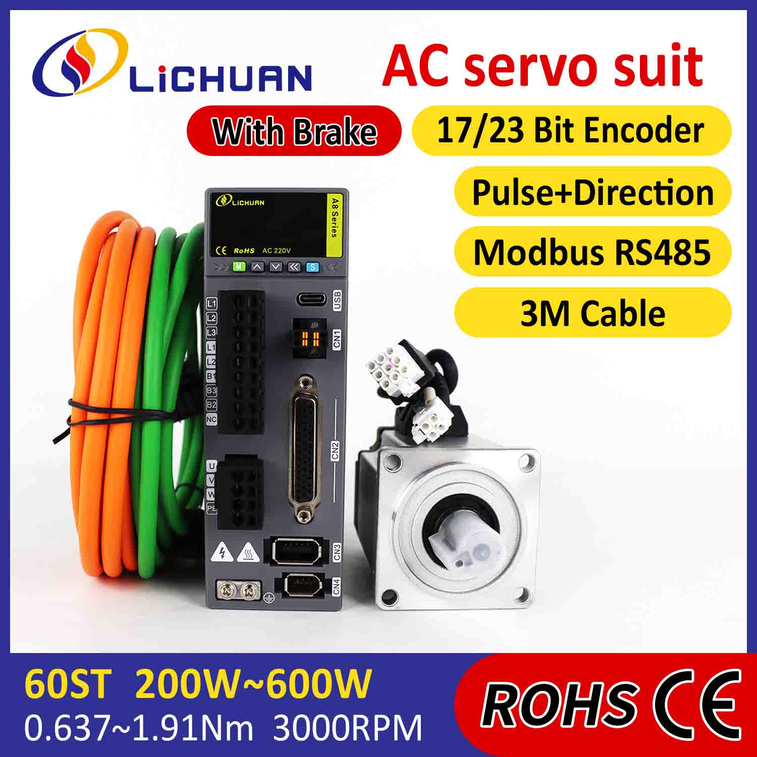 Lichuan AC سروو موٹر ڈرائیور کٹ A8 اعلی درستگی STO ABZ 200W 0.637N.m 220V 1.6A 3000RPM IP65