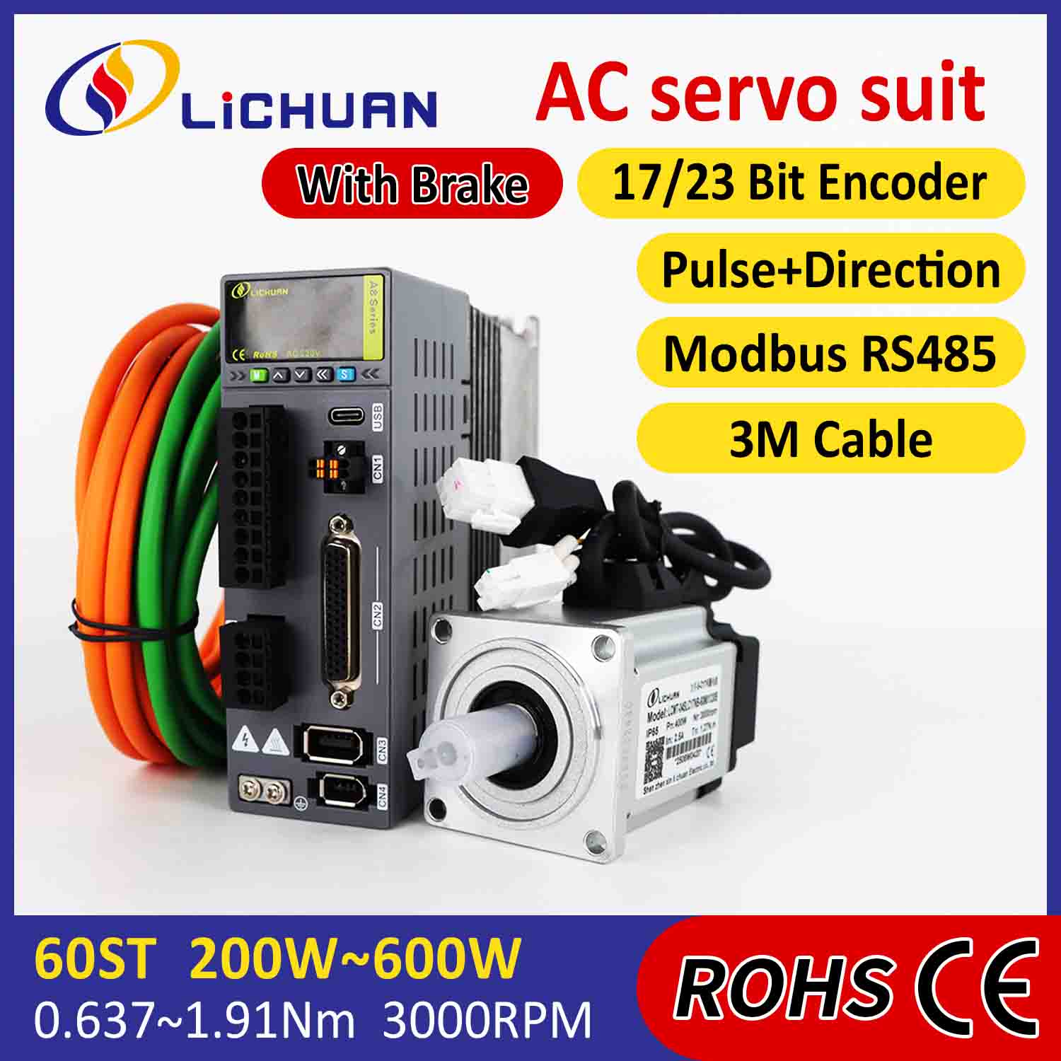 Lichuan AC سروو موٹر ڈرائیور کٹ A8 اعلی درستگی STO ABZ 400W 1.27N.m 220V 2.5A 3000RPM IP65