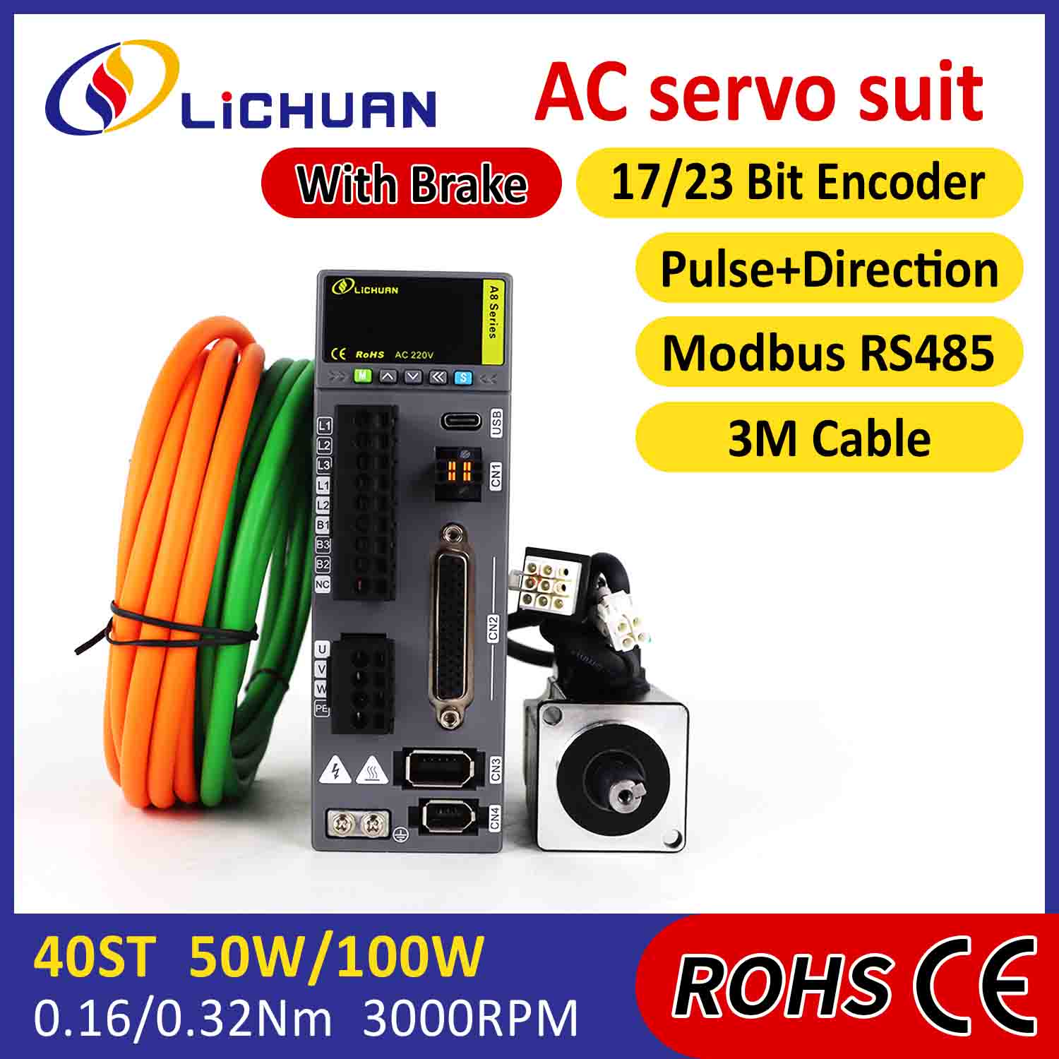 Lichuan AC سروو موٹر ڈرائیورز کٹ A8 اعلی درستگی STO ABZ 50W 0.16N.m 220V 0.8A 3000RPM IP65