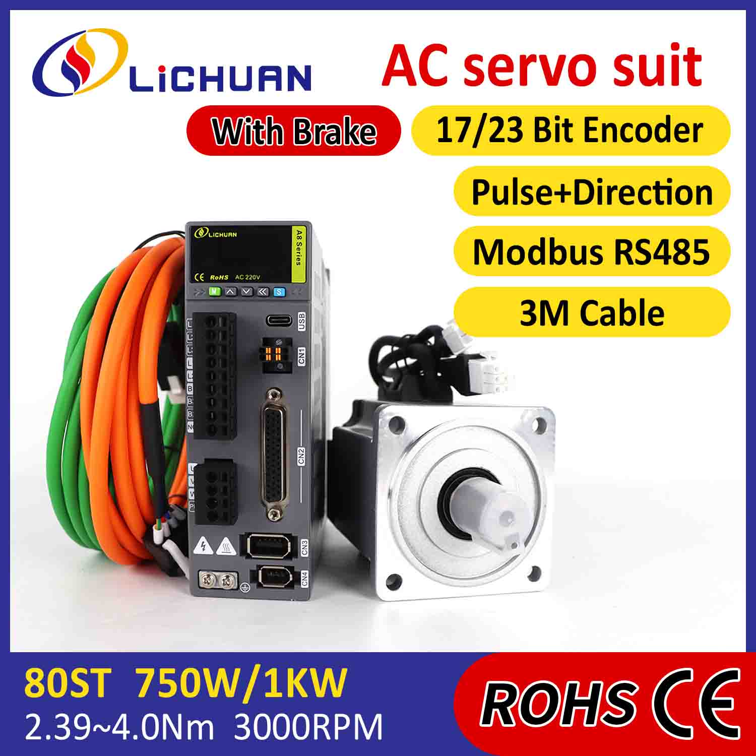 Lichuan AC سروو موٹر ڈرائیور کٹ A8 اعلی درستگی STO ABZ 750W 0.75KW 2.39N.m 220V 4.5A 2500/3000RPM IP65