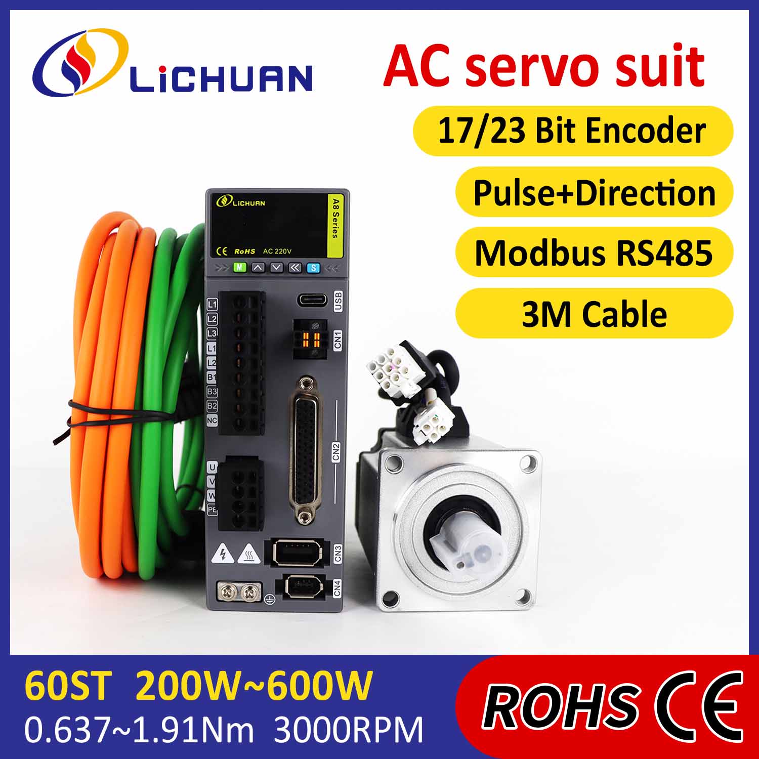 نبض/RS485 200W/400W/600W 2500/3000RPM A8 اعلی درستگی STO ABZ AC SERVO MOTRIERS KIT